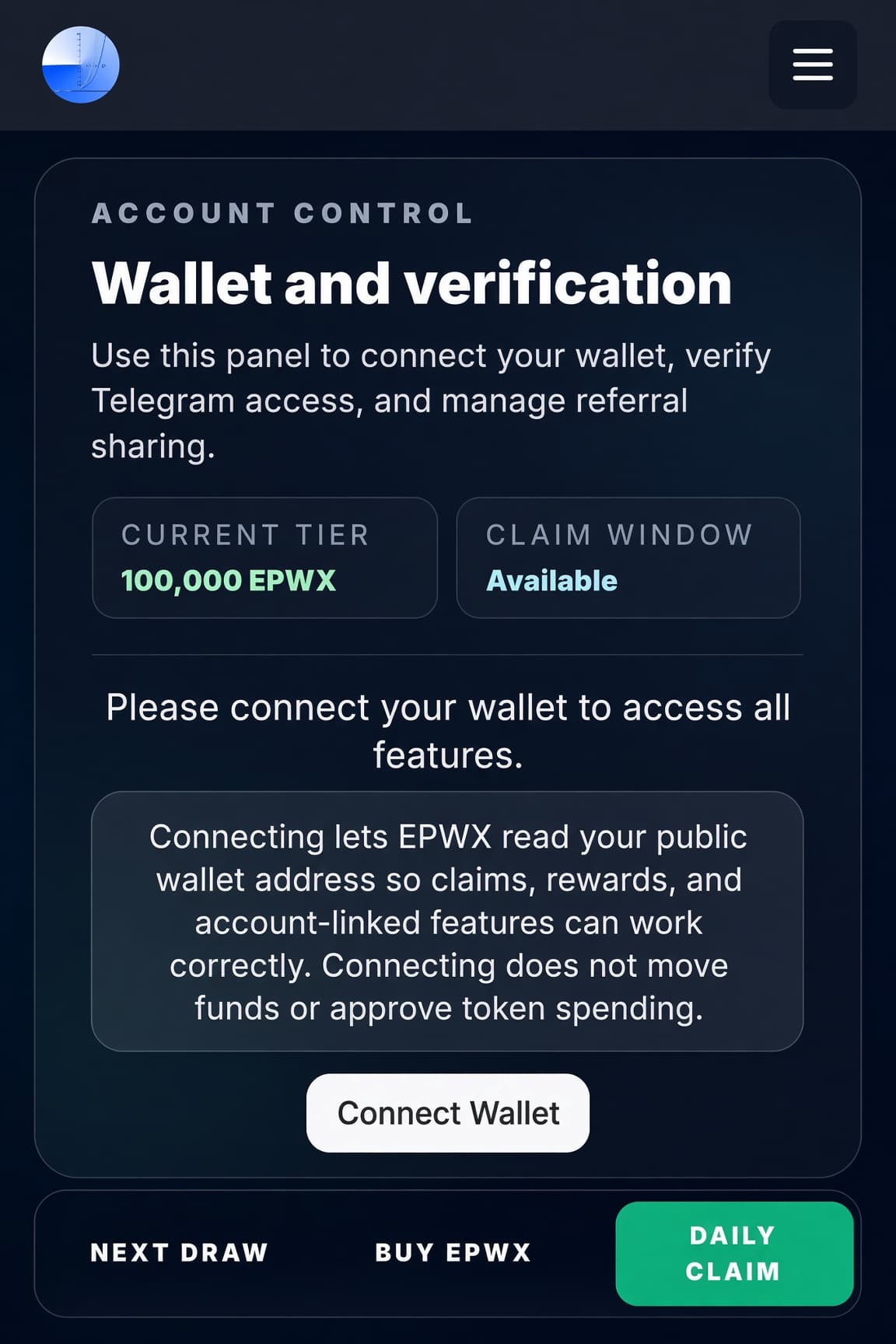 Wallet and verification panel showing Connect Wallet button for daily claim