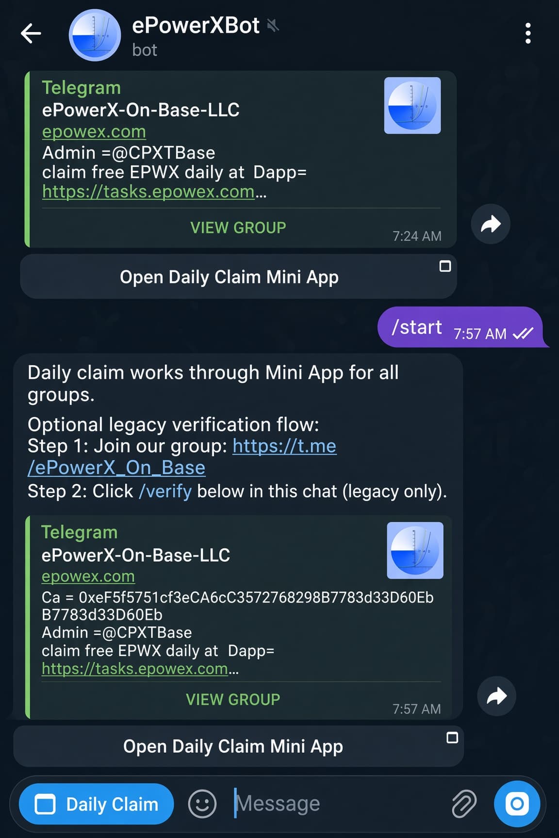ePowerXBot Telegram chat showing /start command and Open Daily Claim Mini App button