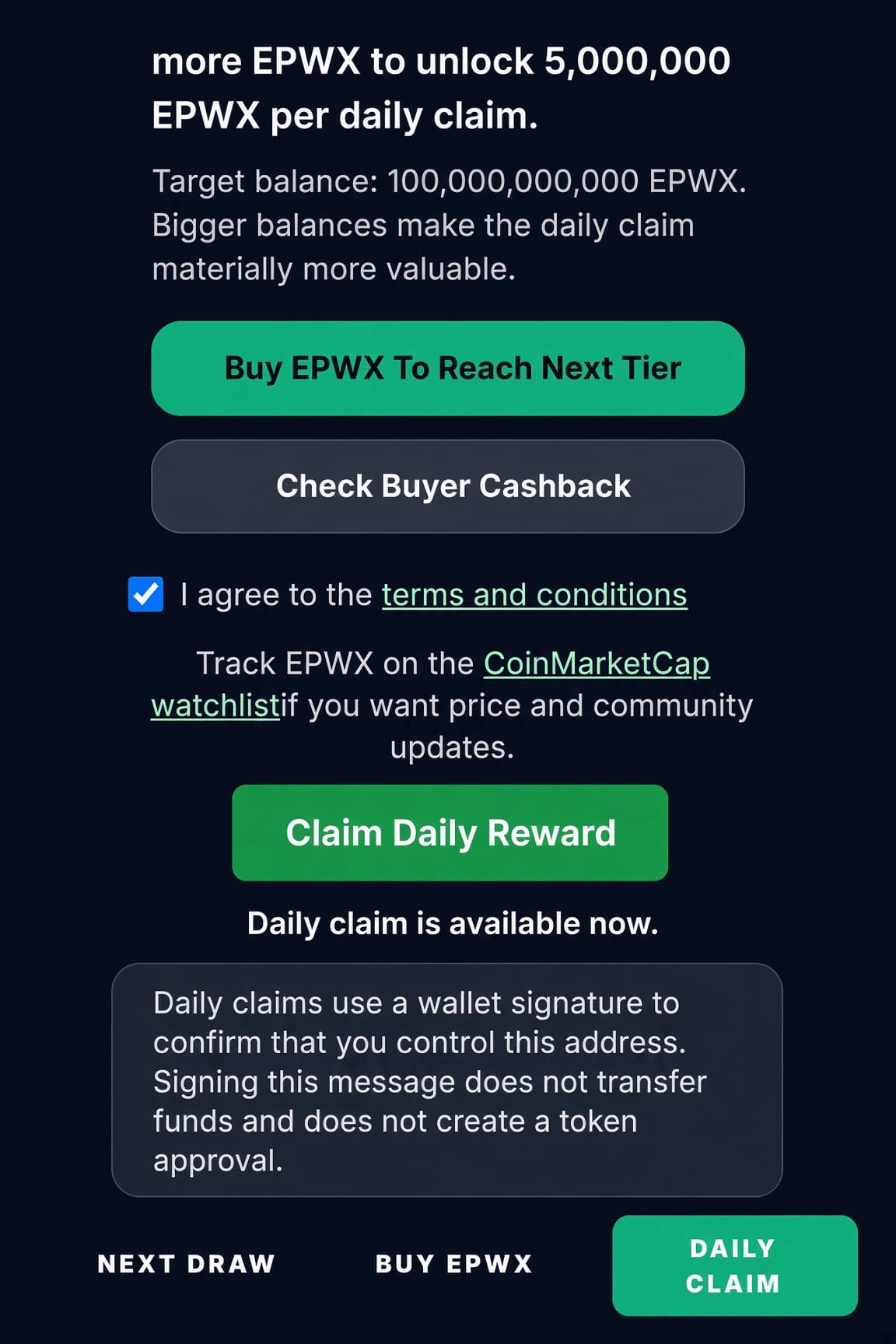 Daily claim screen showing Claim Daily Reward button and terms agreement checkbox