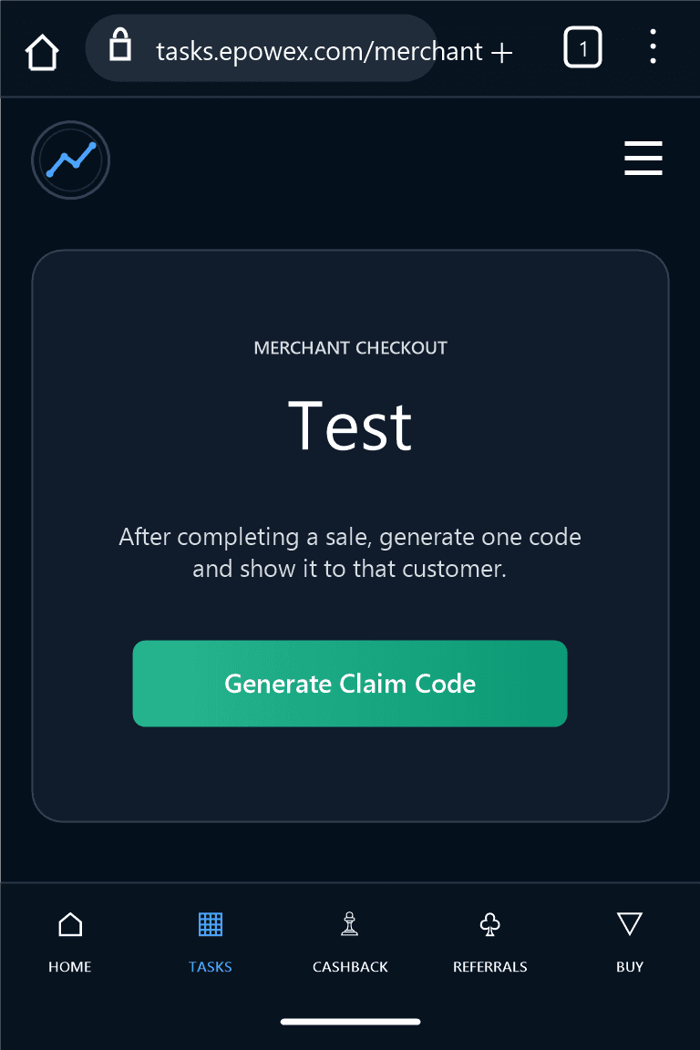 Connected EPWX Merchant Checkout page with the Generate Claim Code button