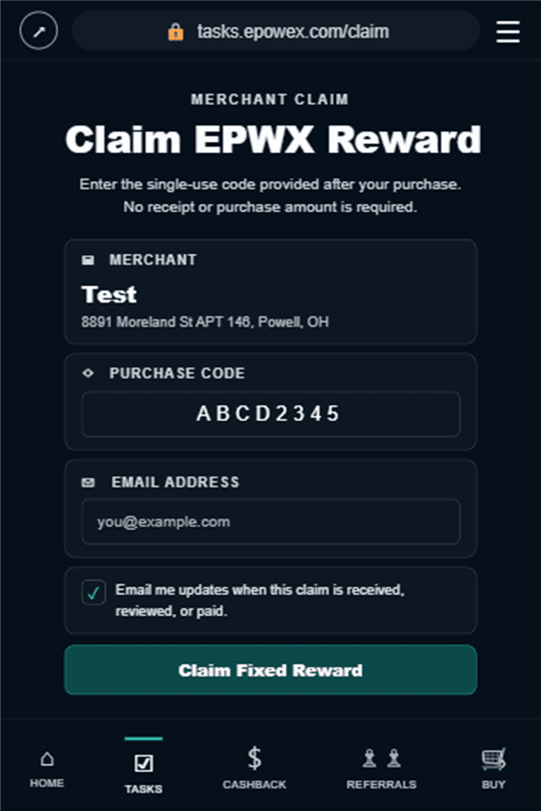 EPWX merchant claim form with purchase code, email address, notification consent, and fixed reward button