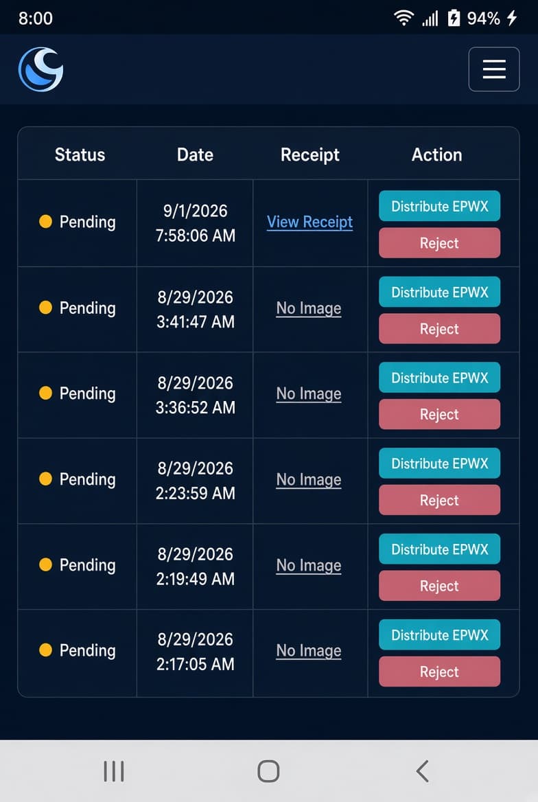 EPWX admin claim review showing pending claims and reward actions