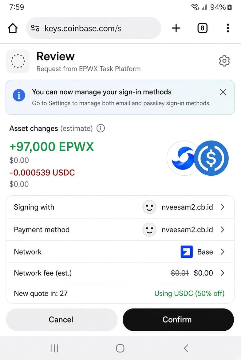 Wallet confirmation showing an EPWX reward transfer on Base