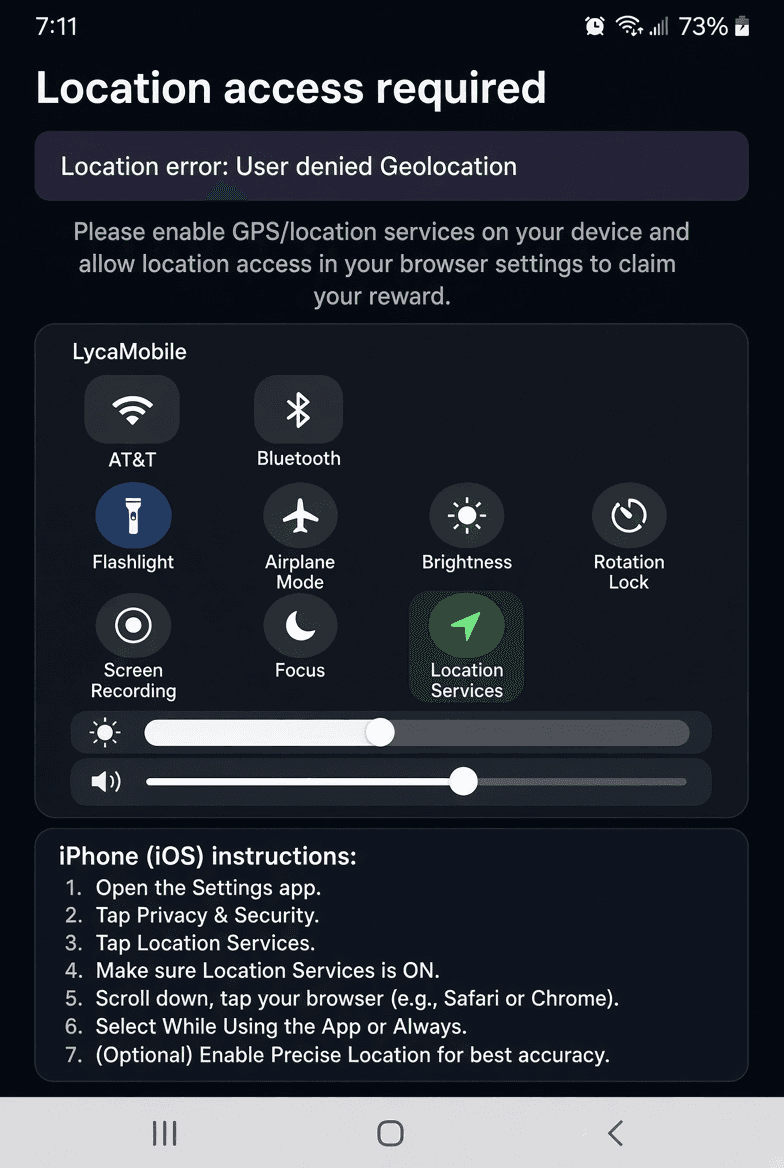 Merchant claim screen asking user to enable GPS or location services