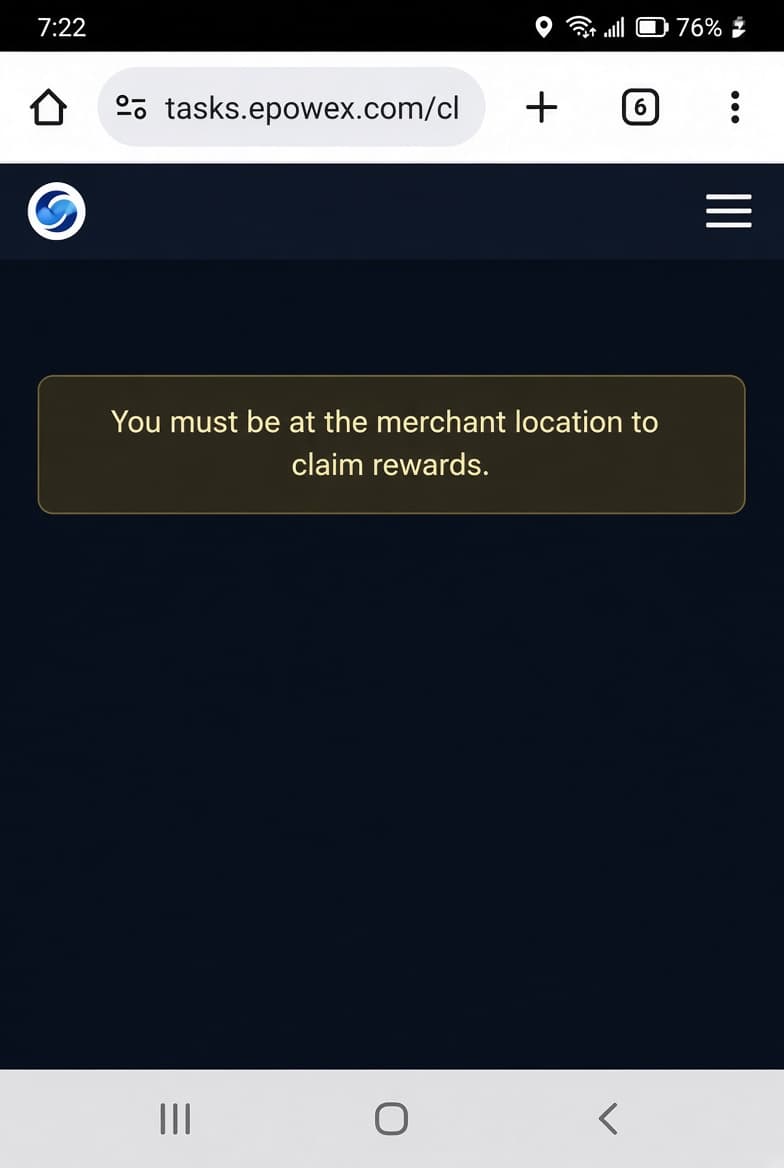 Claim page message indicating user is not at merchant location even with location enabled
