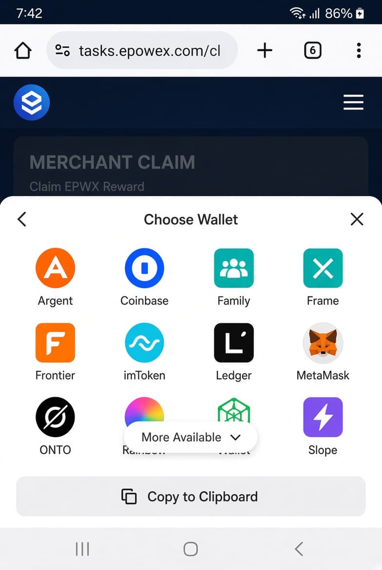 Wallet chooser modal with available wallet options for connecting to EPWX