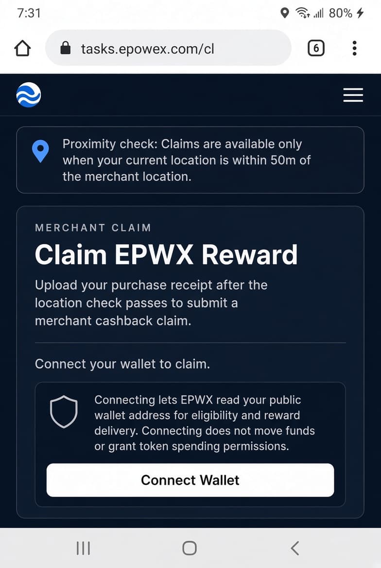 Merchant claim screen prompting customer to connect wallet
