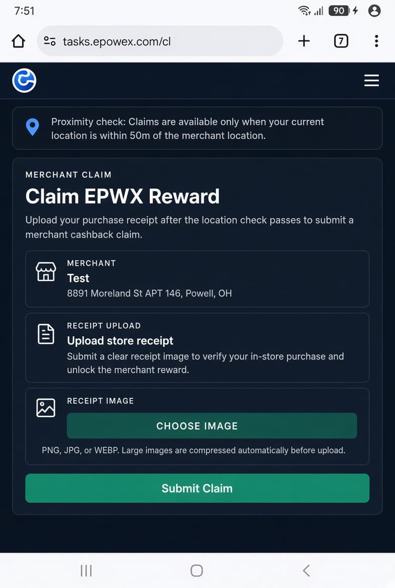 Merchant claim screen for uploading receipt and submitting claim